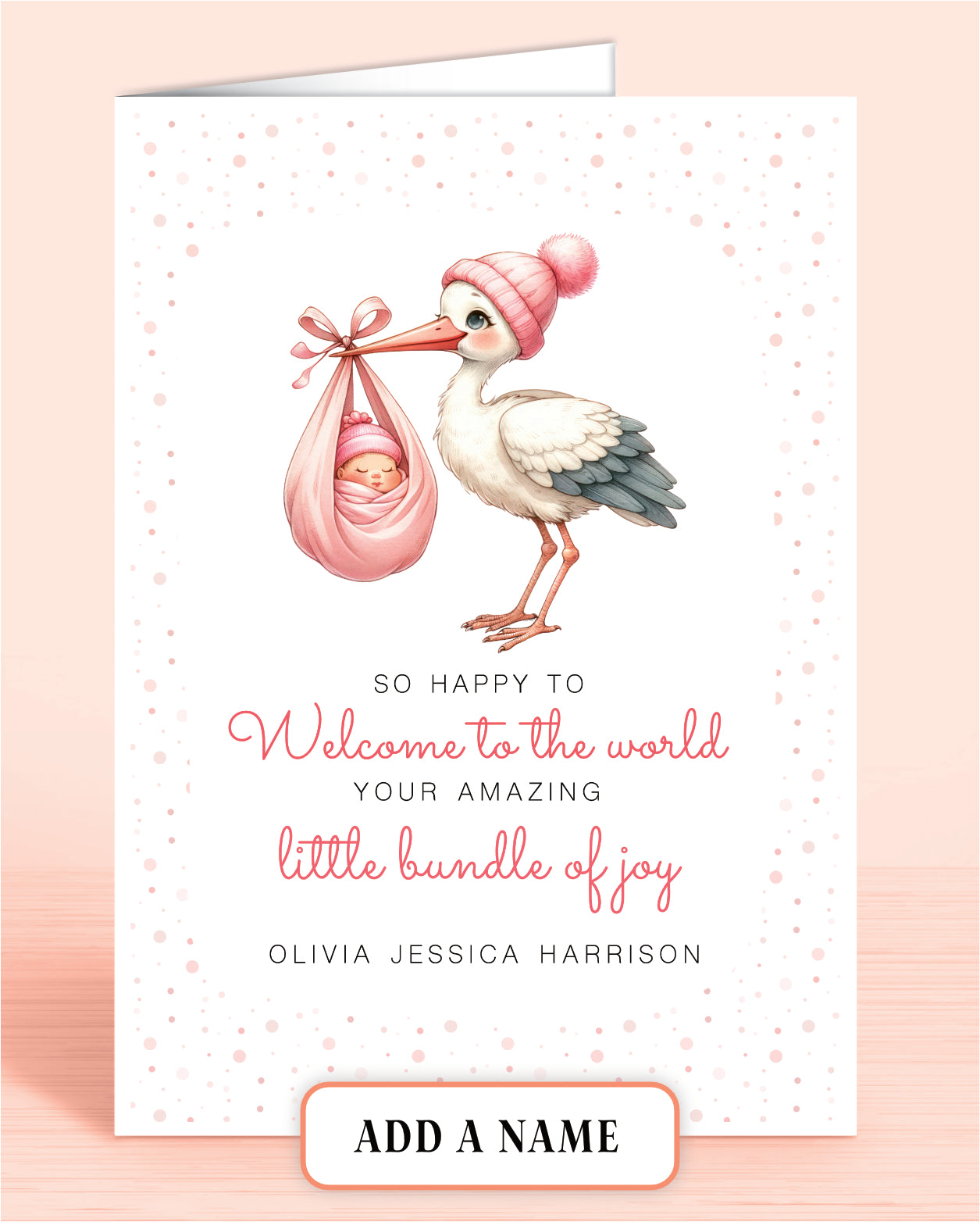 Newborn Baby Girl 'Bundle of Joy' Card, Personalised with Name, Pink Stork Design Welcome to the world | Oliver Rose Designs