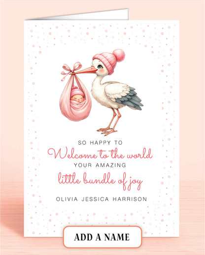 Newborn Baby Girl 'Bundle of Joy' Card, Personalised with Name, Pink Stork Design Welcome to the world | Oliver Rose Designs