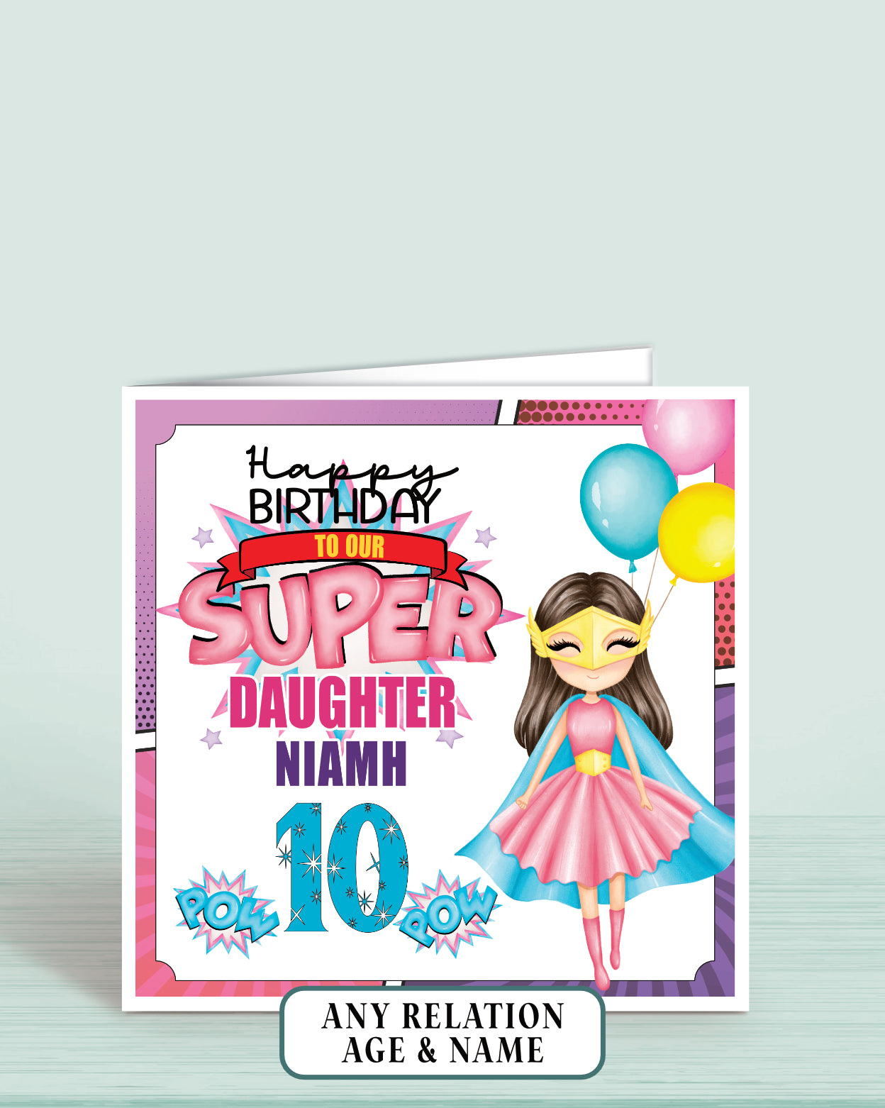 Daughter Birthday Card, 10th Birthday Card for Daughter, Super Hero Girls Birthday Card with Brown Hair | Oliver Rose Designs