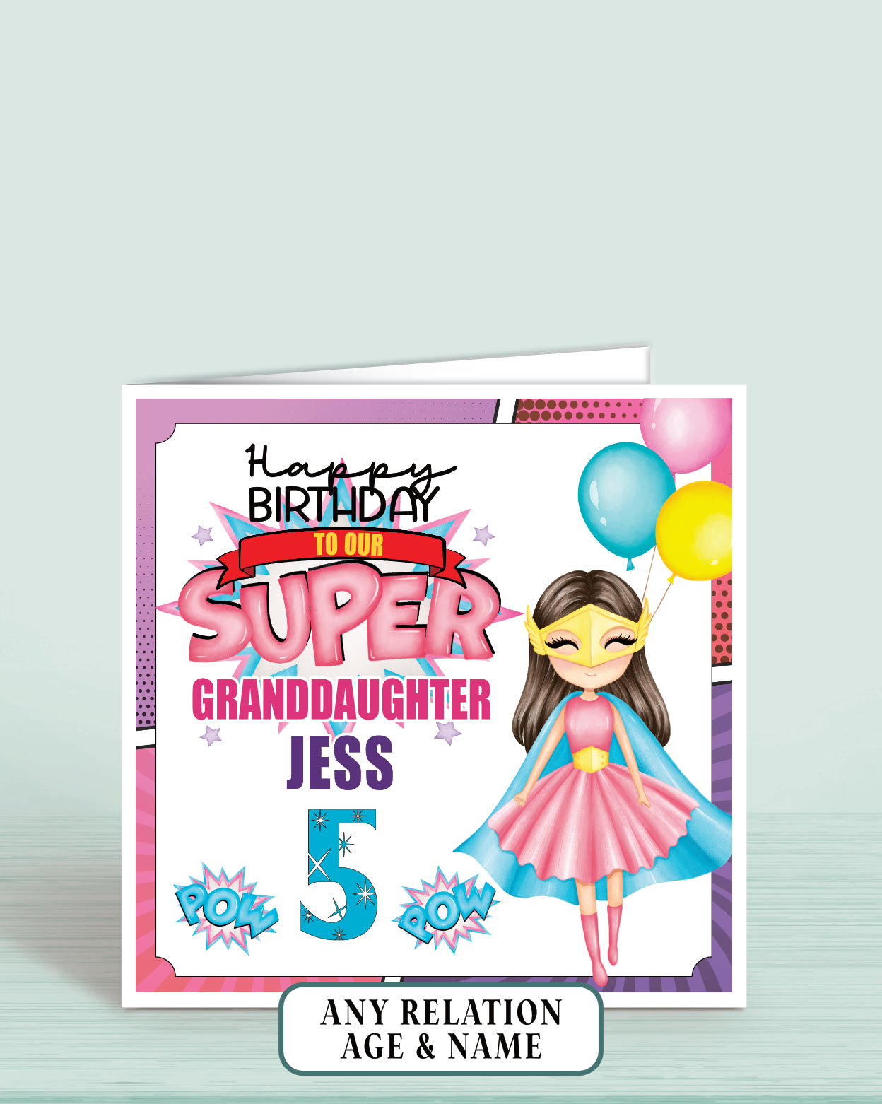 Granddaughter Birthday Card, 5th Birthday Card for Granddaughter, Super Hero Girls Birthday Card with Brown Hair | Oliver Rose Designs