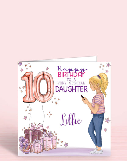 13th birthday card, BLONDE HAIR, teenager birthday card, pink and purple card for someone special, daughter, granddaughter, niece, cousin, sister