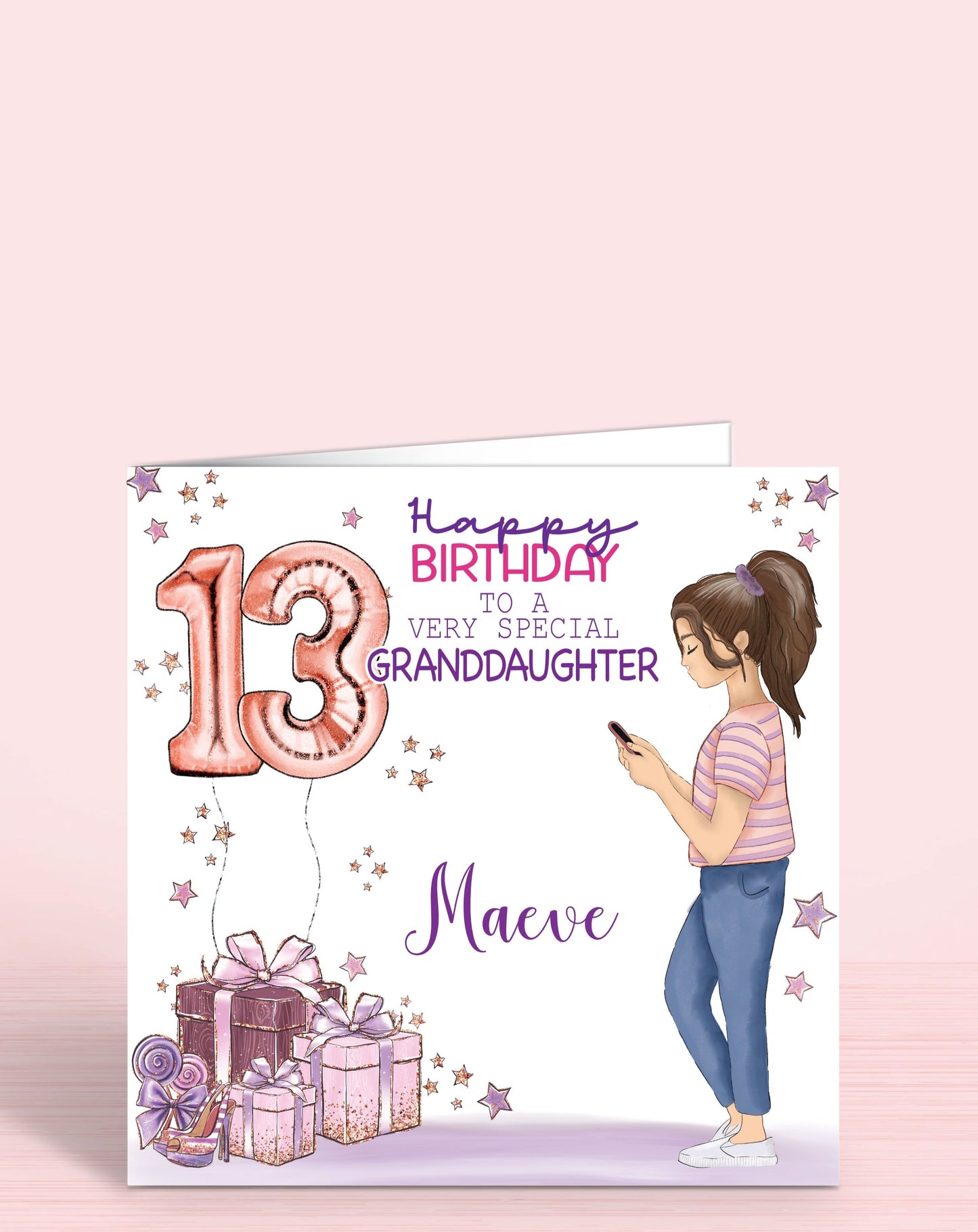 13th birthday card, BROWN HAIR, teenager birthday card,  pink and purple card for someone special, daughter, granddaughter, niece, cousin, sister