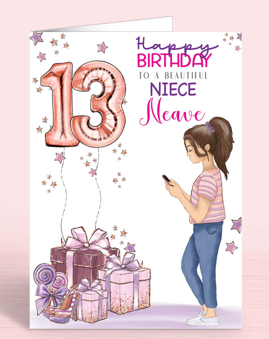 Teengirl Niece 13th Birthday Card Personalised with BROWN HAIR, Pink & Purple | OLIVER ROSE DESIGNS