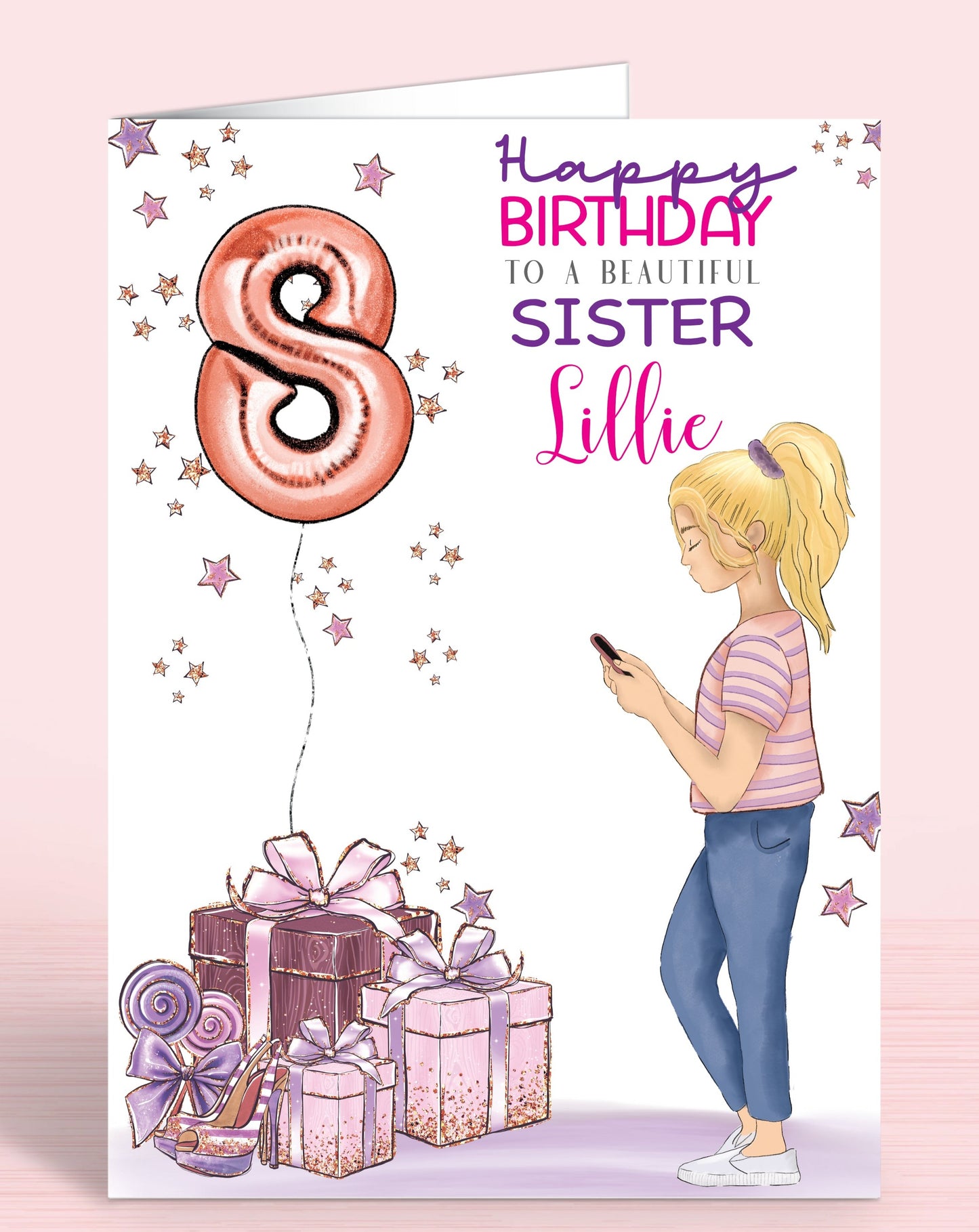 Girl on Phone Sister 8th Birthday Card Personalised with BLONDE HAIR, Pink & Purple | OLIVER ROSE DESIGNS
