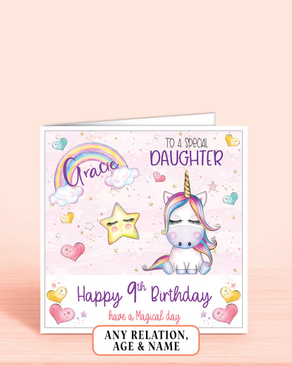 Birthday card for Daughter with a unicorn and rainbow design on a pink background