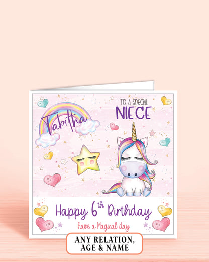 Birthday card for Niece with a unicorn and rainbow design on a pink background