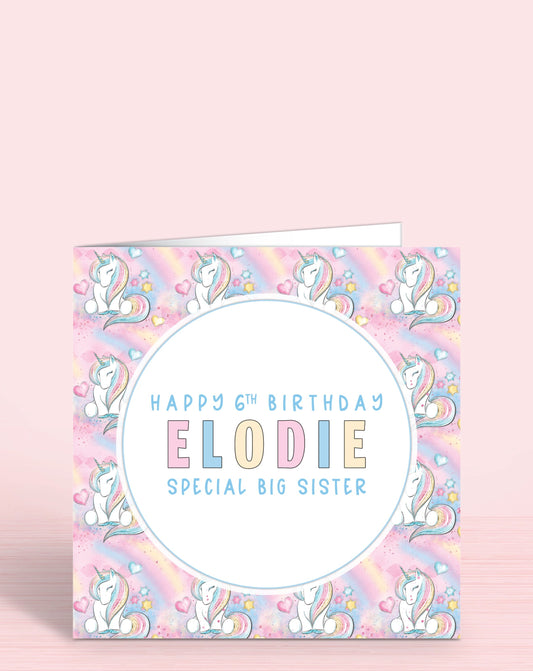 Pink Unicorn Personalised Birthday Card for Girls, Any Age, Any Relation & Add a Name, Happy 6th Birthday, Special BIG SISTER | Oliver Rose Designs