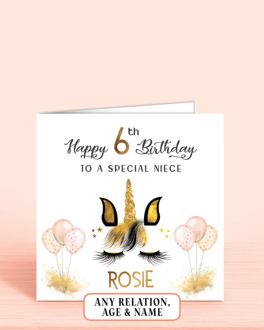 6th Birthday card for a special Niece with unicorn design and pink balloons with personalised name