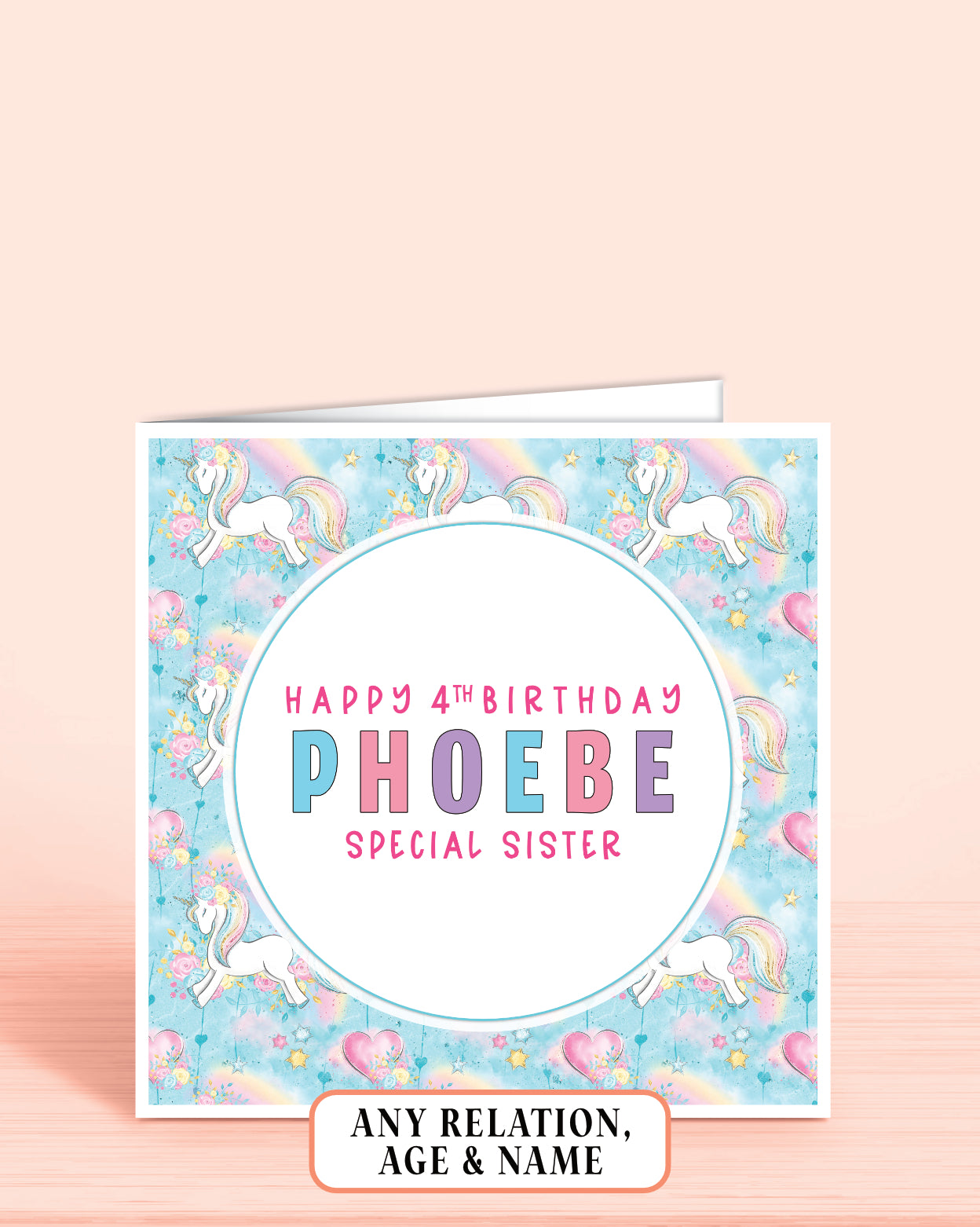 Sister Birthday card with unicorns and rainbow on a light blue background