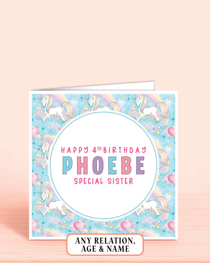 Sister Birthday card with unicorns and rainbow on a light blue background