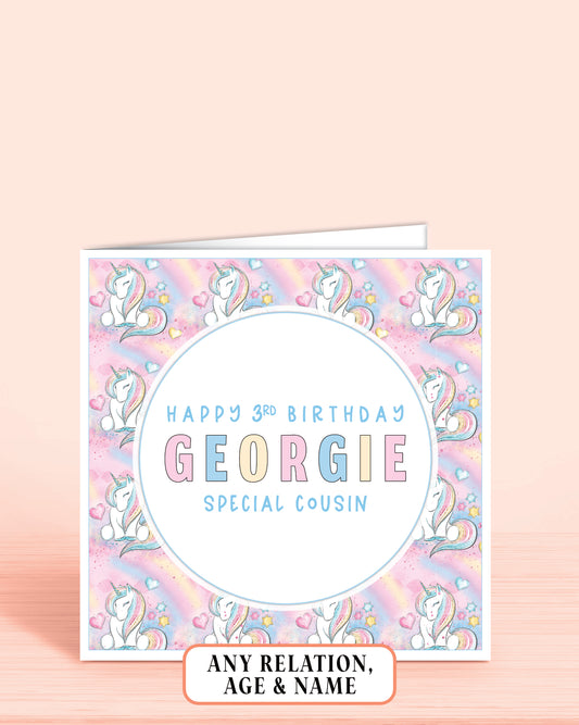 Cousin Birthday Card, 3rd Birthday Card for Cousin, Custom Girls Pink Unicorn Personalised Birthday Card for Girls, Any Age, Any Relation & Add a Name | Oliver Rose Designs