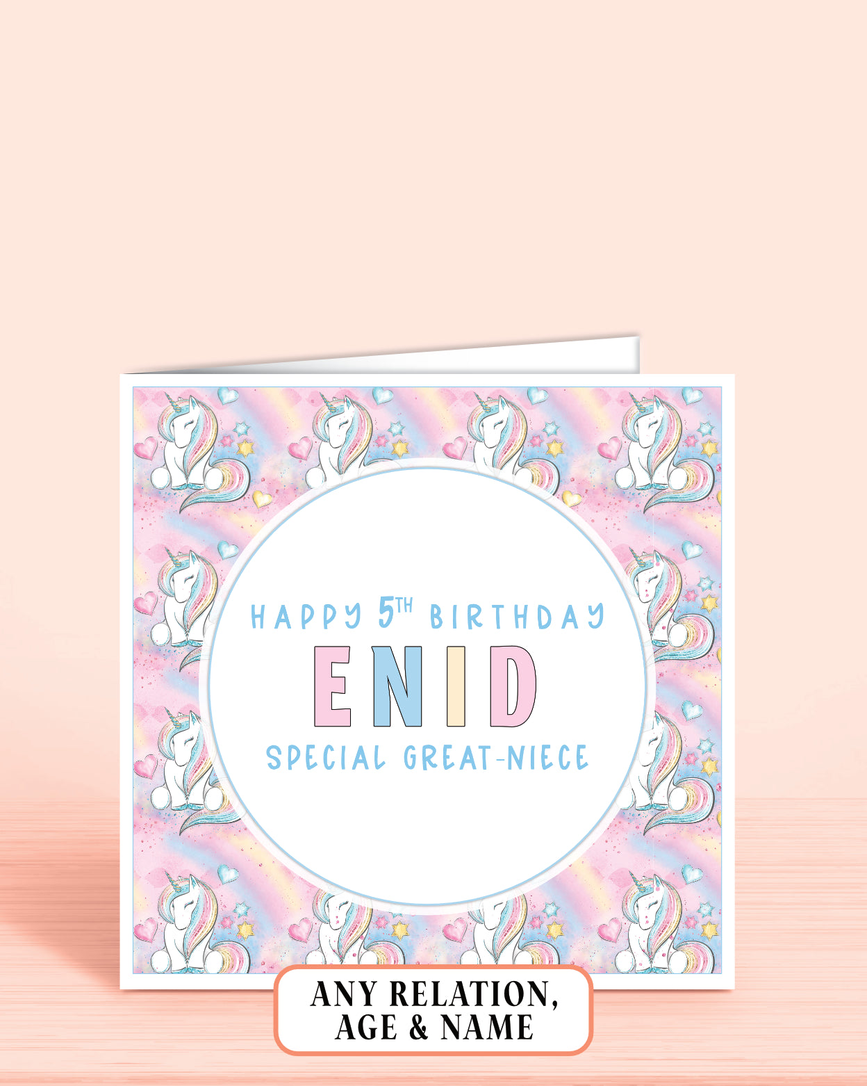 Great-Niece Birthday Card, 5th Birthday Card for Niece, Custom Girls Pink Unicorn Personalised Birthday Card for Girls, Any Age, Any Relation & Add a Name | Oliver Rose Designs
