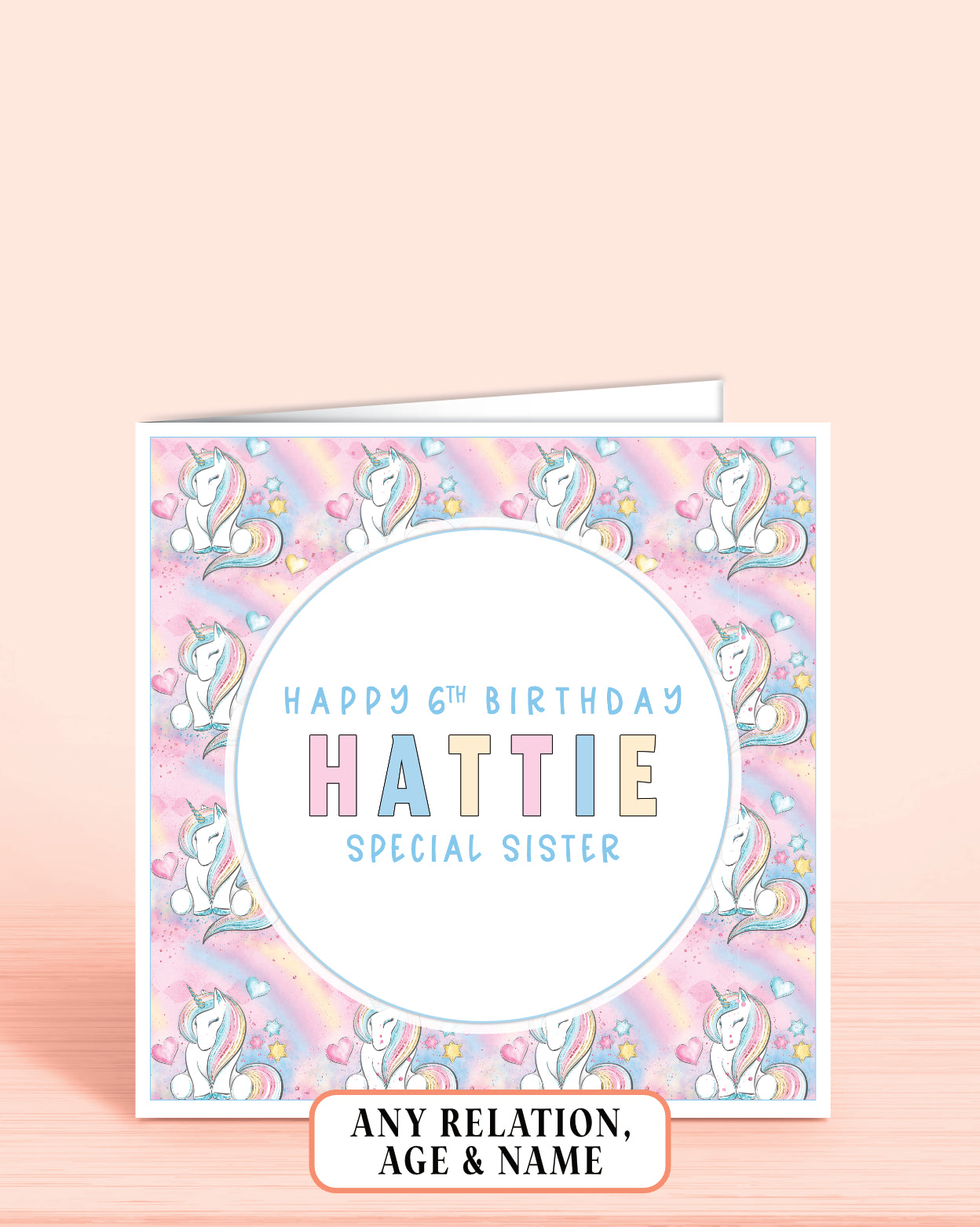 Sister Birthday Card, 6th Birthday Card for Little Sister, Custom Girls Pink Unicorn Personalised Birthday Card for Girls, Any Age, Any Relation & Add a Name | Oliver Rose Designs