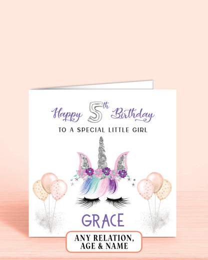 Little Girl Birthday Card, Personalised 5th Birthday Card for Little Girl, Girls Unicorn Design | Oliver Rose Designs