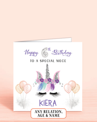 Niece Birthday Card, Personalised 6th Birthday Card for Niece, Girls Unicorn Design | Oliver Rose Designs