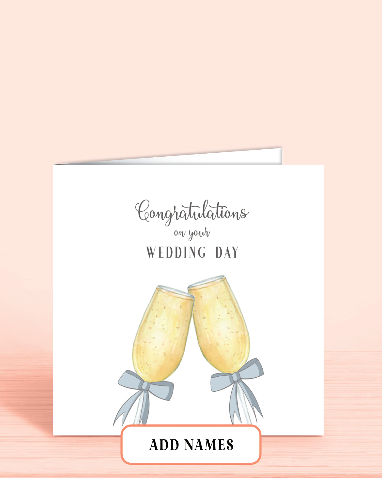 Wedding Day card with Printed Champagne Glasses with Blue Bows. Words on front: Congratulations on your Wedding Day.