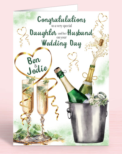 Personalised Wedding Day Card, Congratulations to a very special Daughter and her Husband on your Wedding Day, Green | Oliver Rose Designs