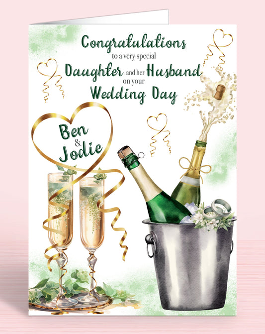 Personalised Wedding Day Card, Congratulations to a very special Daughter and her Husband on your Wedding Day, Green | Oliver Rose Designs