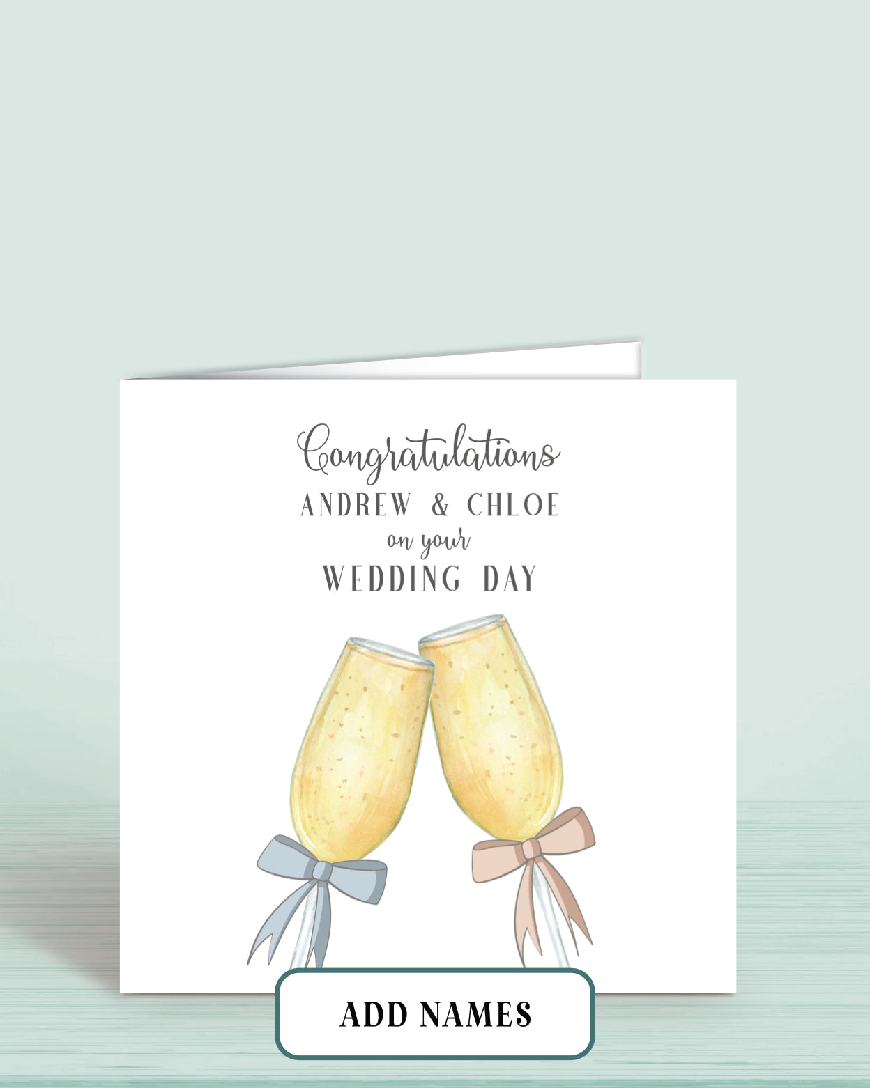 Wedding Card with Printed Champagne Glasses with Blue & Pink Bow & words Congratulations [Couples Names] on your Wedding Day