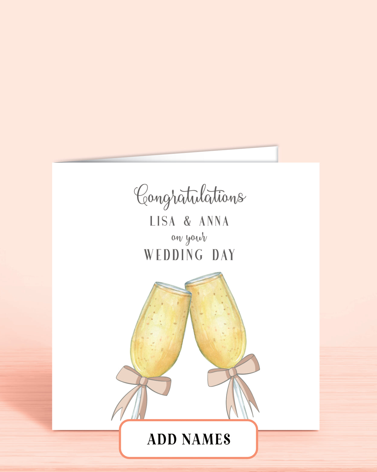 Wedding Card with Printed Champagne Glasses with Pink Bows. Front Words: Congratulations [Couples Names] on your Wedding Day.