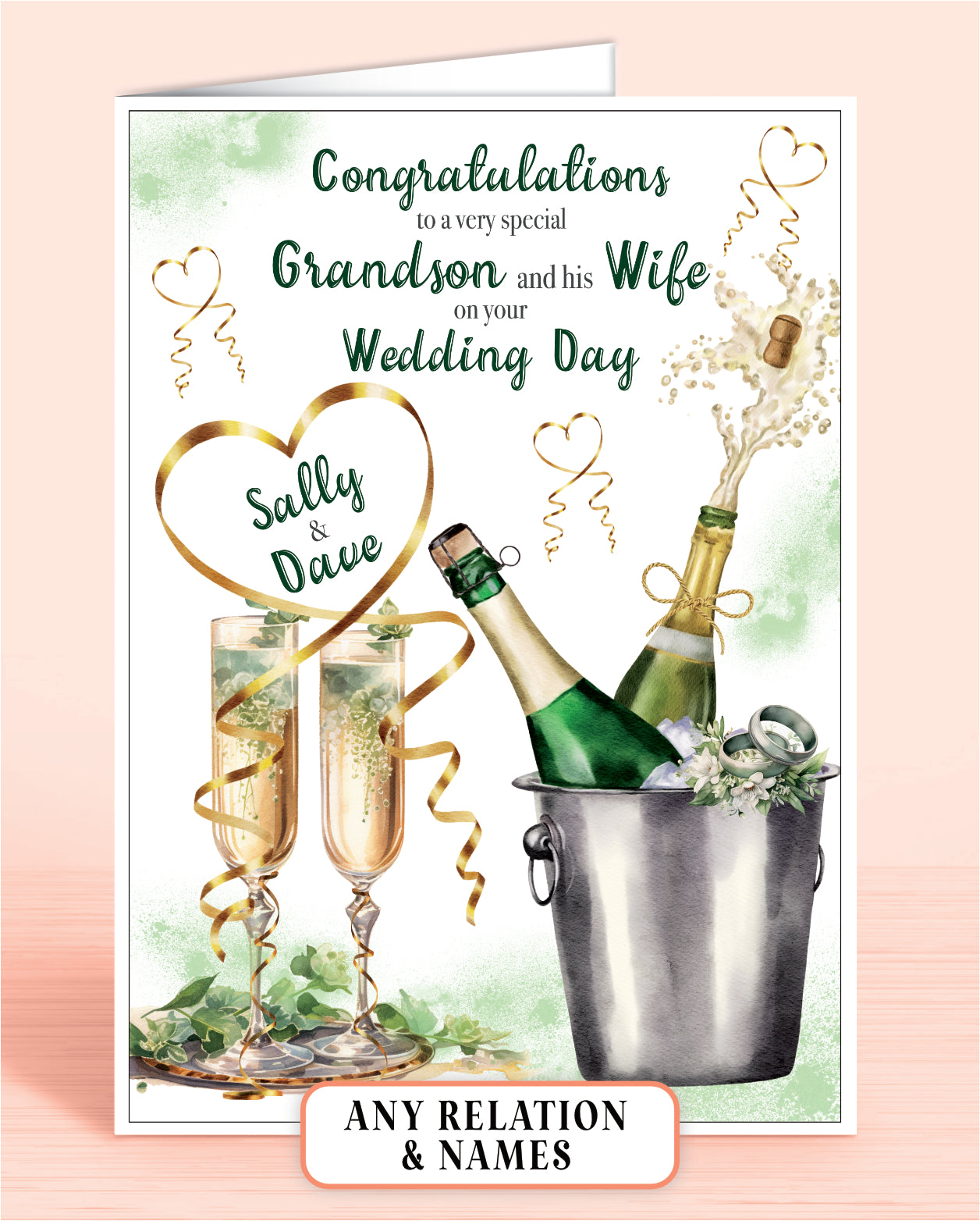 Grandson & his Wife Personalised Wedding Day Card, Congratulations to a very special Grandson on your Wedding Day, Green | Oliver Rose Designs