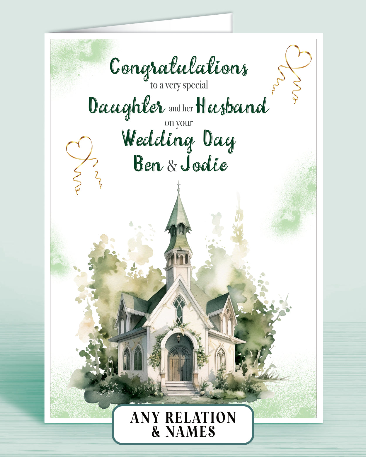 Daughter & her Husband Personalised Wedding Day Card, Congratulations to a very special Daughter on your Wedding Day, Green | Oliver Rose Designs