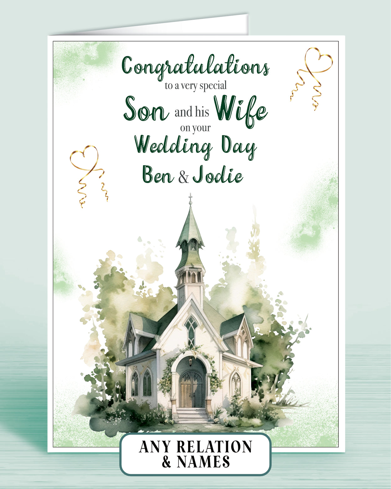 Son & his Wife Personalised Wedding Day Card, Congratulations to a very special Son on your Wedding Day, Green | Oliver Rose Designs