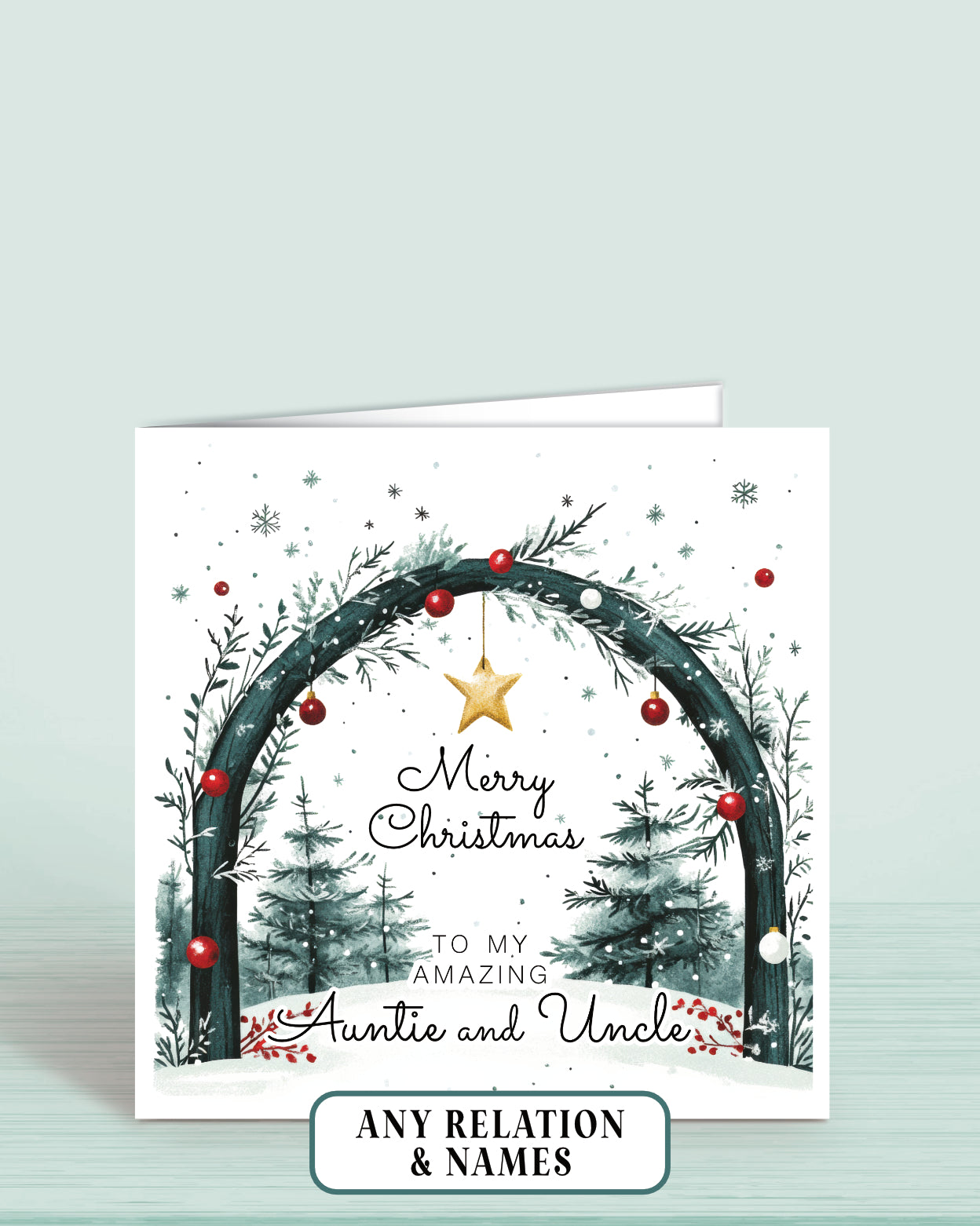 Christmas card with decorative arch and personalised text on a light blue snowy background 6x6 inches