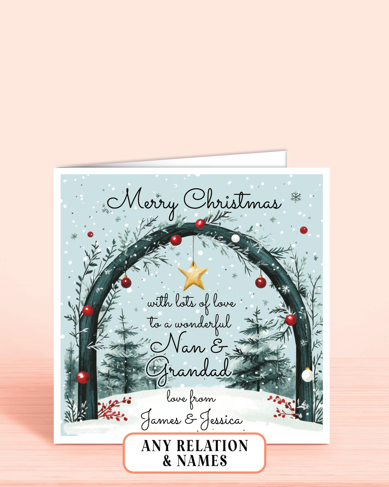Christmas card with decorative arch and personalised text on a light blue snowy background 6x6 inches