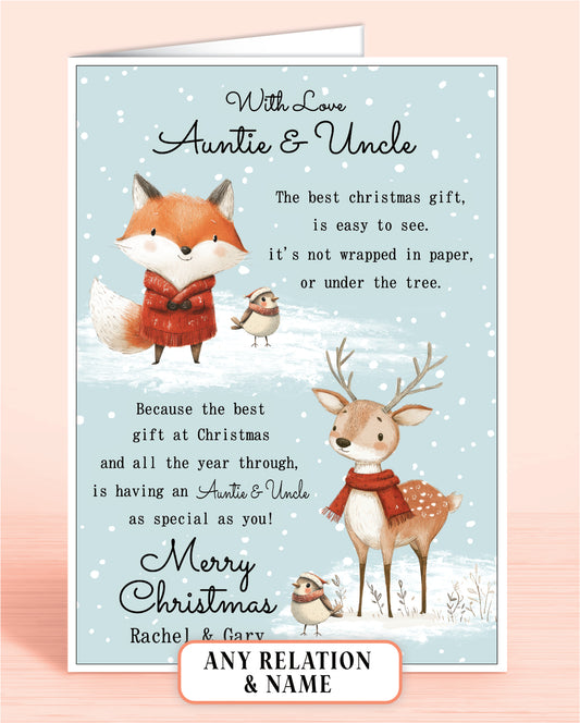 Auntie & Uncle Personalised Christmas card with fox, deer, and robins on a light blue snowy background
