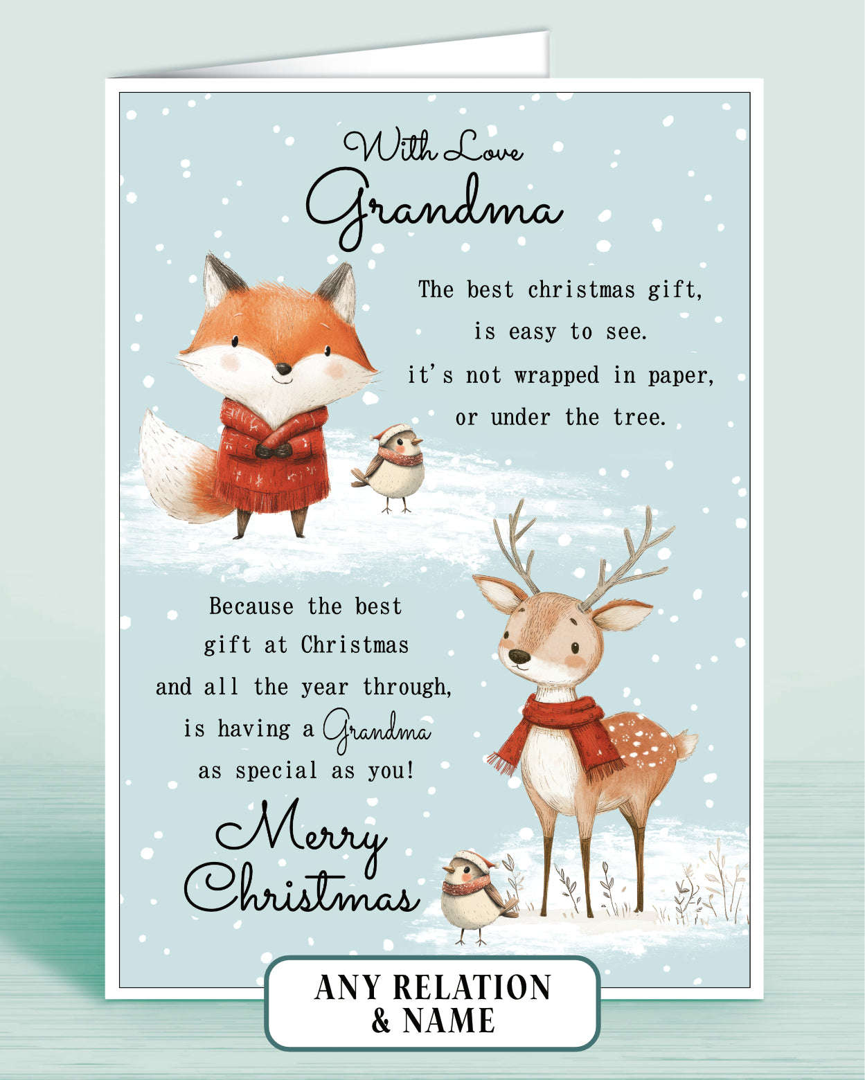 Grandma Personalised Christmas card with fox, deer, and robins on a light blue snowy background