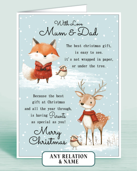 Mum & Dad Personalised Christmas card with fox, deer, and robins on a light blue snowy background