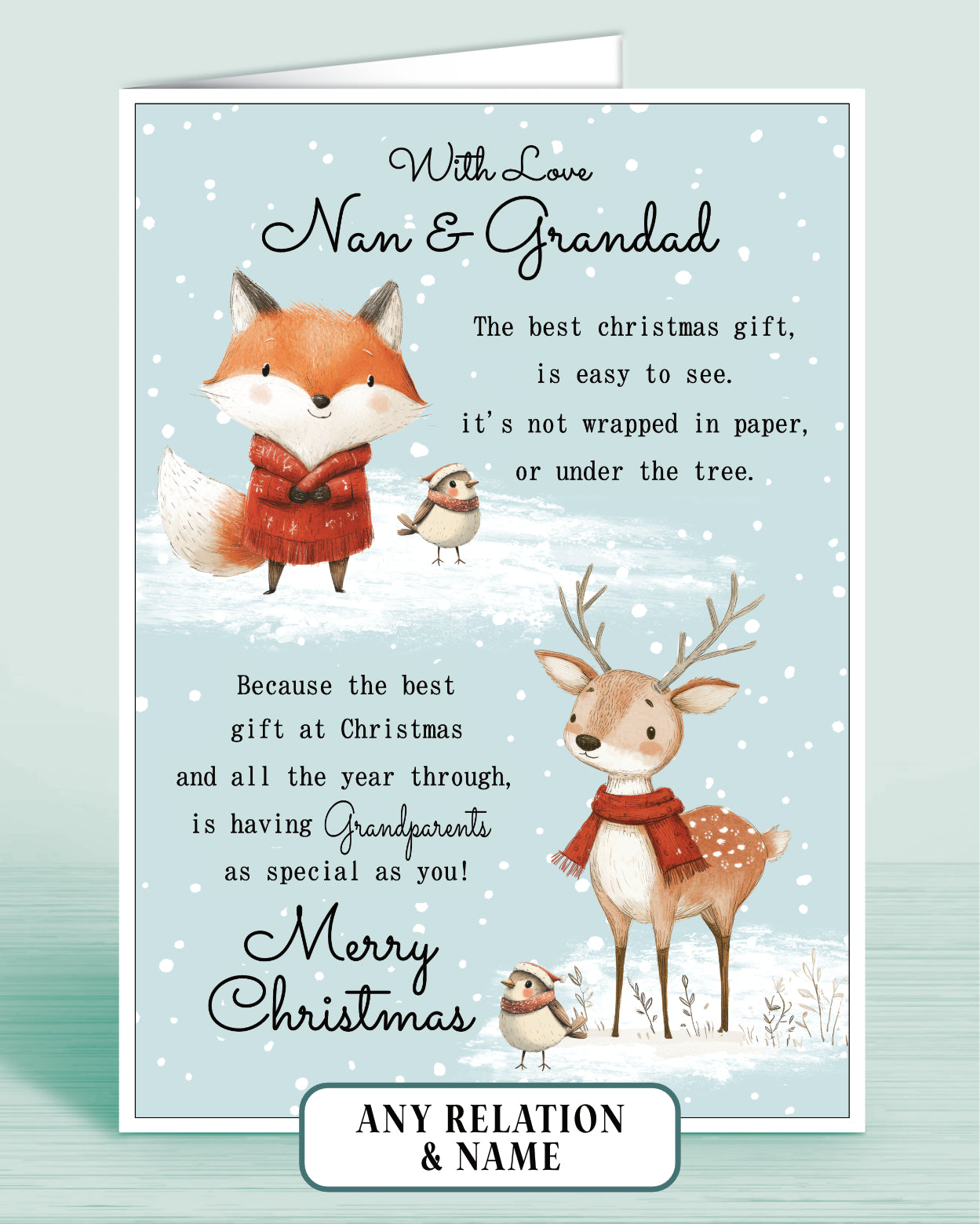 Nan & Grandad Personalised Christmas card with fox, deer, and robins on a light blue snowy background