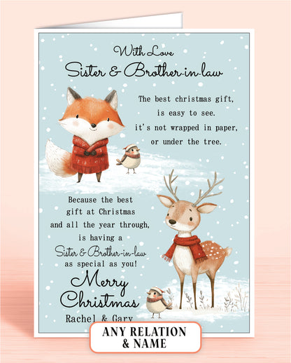 Sister & Brother-in-law Personalised Christmas card with fox, deer, and robins on a light blue snowy background