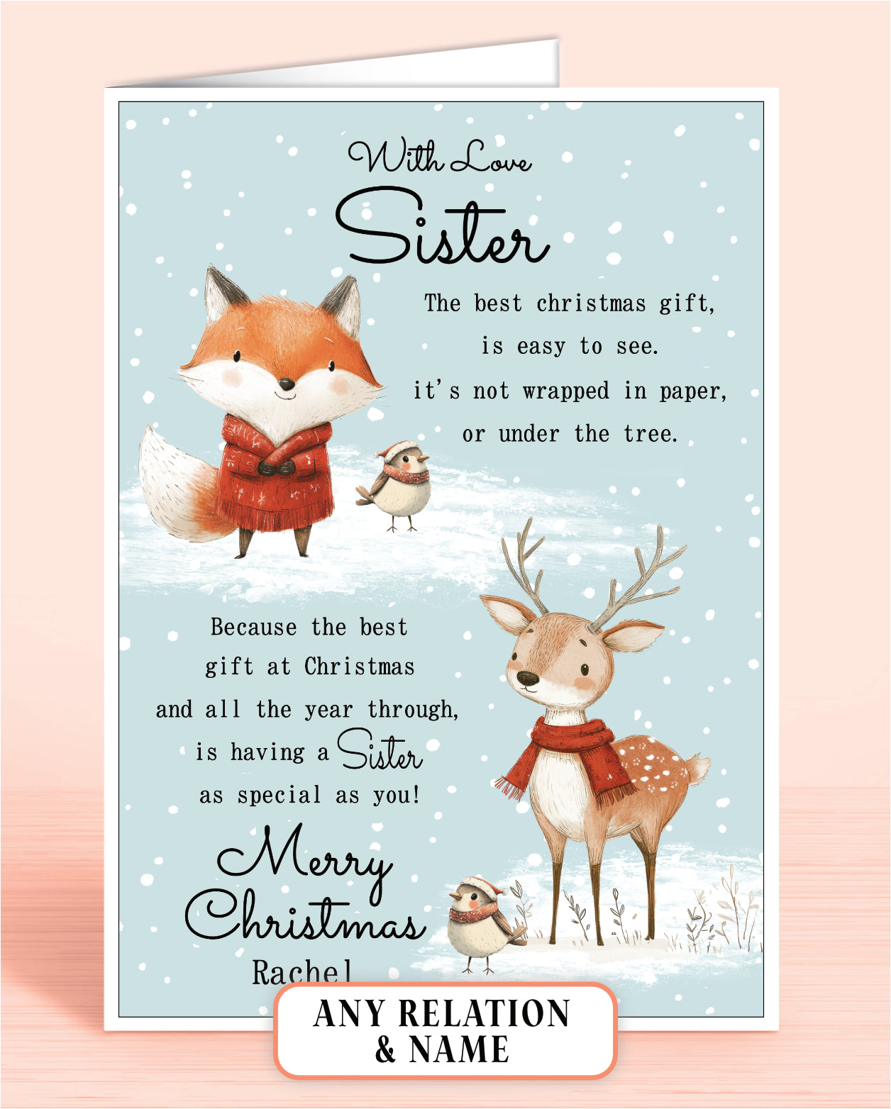 Sister Personalised Christmas card with fox, deer, and robins on a light blue snowy background