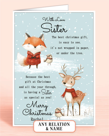 Sister Personalised Christmas card with fox, deer, and robins on a light blue snowy background