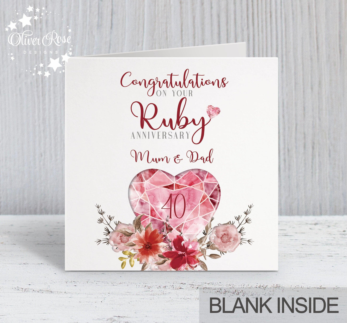 40th Ruby Anniversary Card, Congratulations on your Ruby Anniversary, Mum & Dad, 40 years