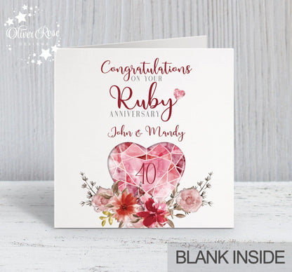 40th Ruby Anniversary Card, Congratulations on your Ruby Anniversary, Personalised Card, 40 years