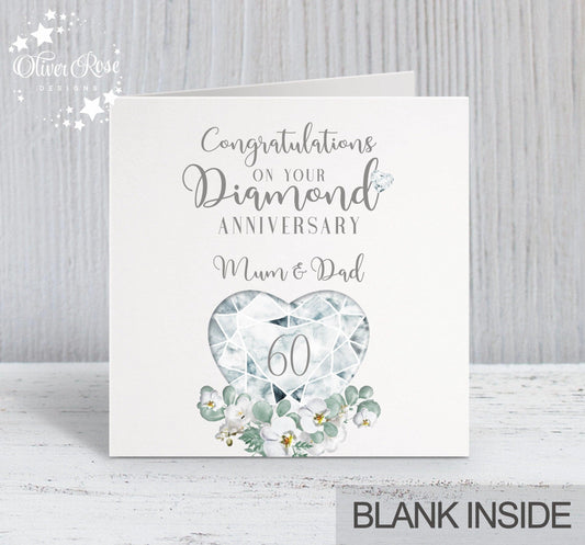 60th Diamond Anniversary Card, Congratulations on your Diamond Anniversary, Mum & Dad, 60 years