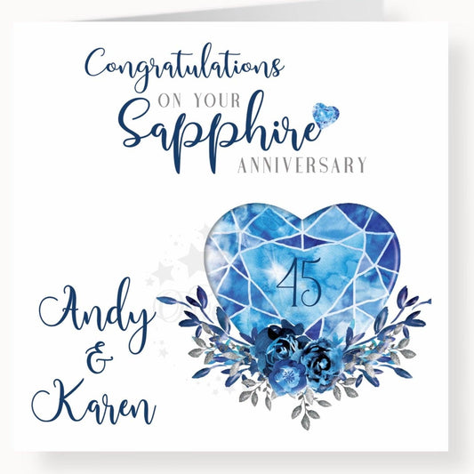 45th Sapphire Anniversary Card, On your Sapphire Anniversary, Personalised Card with Couples Names, 45 years