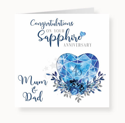 45th Sapphire Anniversary Card, On your Sapphire Anniversary, Mum & Dad, 45 years