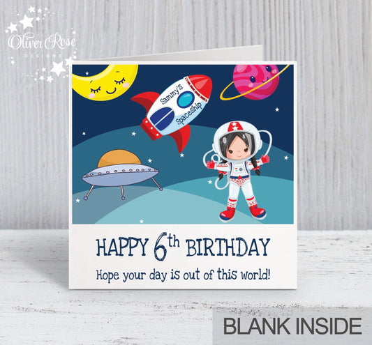 Space Astronaut Theme Birthday Card, for Girls, Any hair colour, Personalised Card, Any Age, Any Relationship