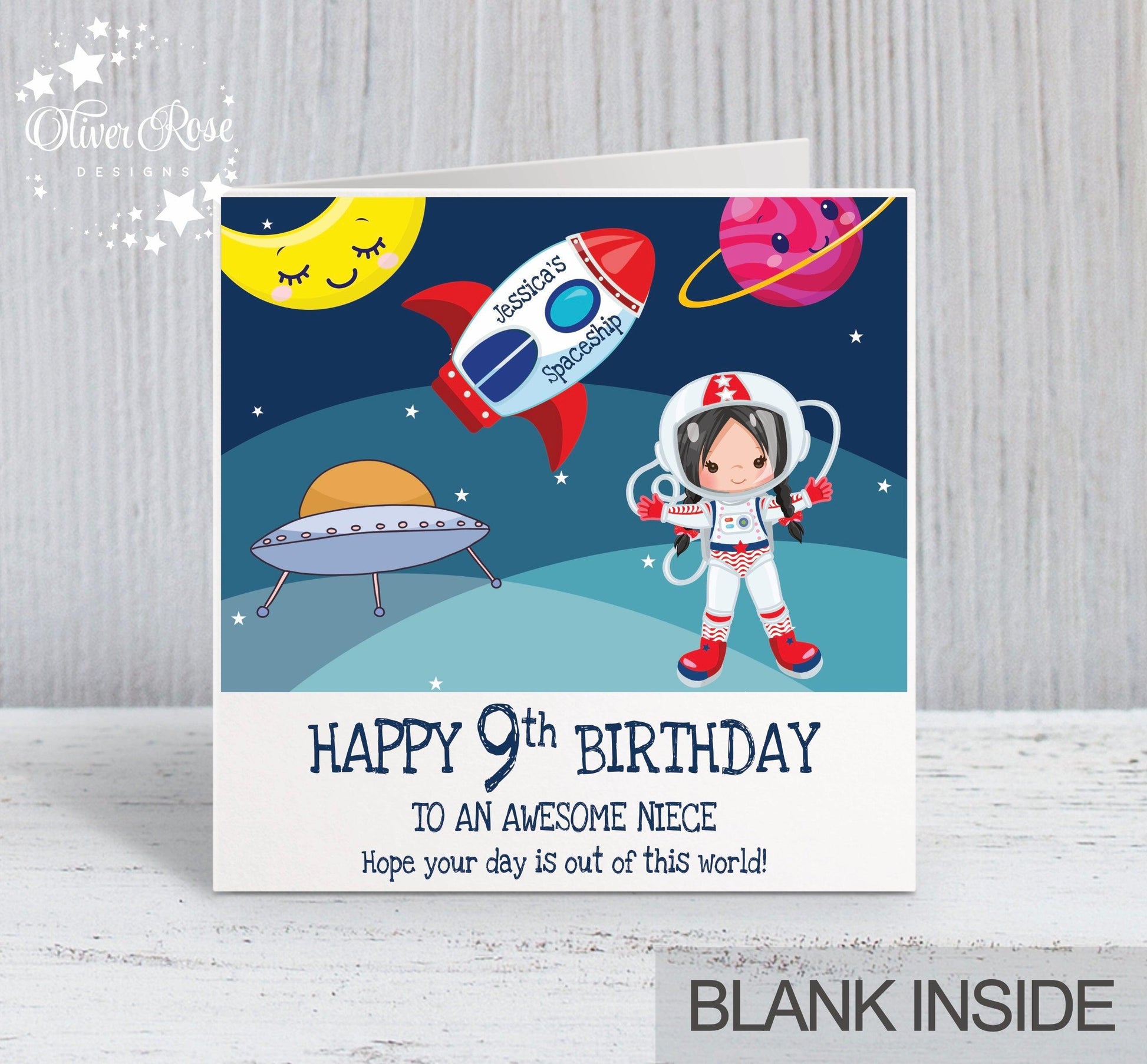 Space Astronaut Theme Birthday Card, for Girls, Any hair colour, Personalised Card, Any Age, Any Relationship