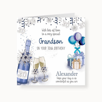 With lots of love to a very special GRANDSON on your 30th Birthday, 30th Birthday Card, Blue & Silver effect, Confetti, Bottle of Bubbly, 2 Glasses, Balloons & Presents. Personalised Name, Hope your day is as wonderful as you are (6 inches Square) Blank Inside