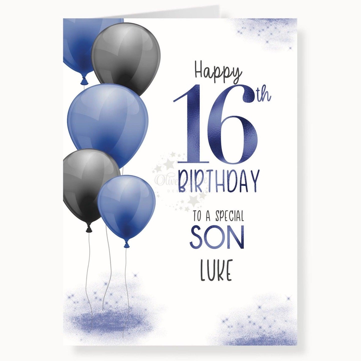 blue & black balloons 16th birthday card, to a special SON, personalised card