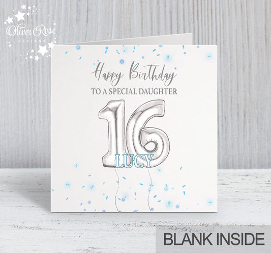 Blue & Silver Effect Birthday Card, Happy Birthday, Daughter, 16th, Personalised