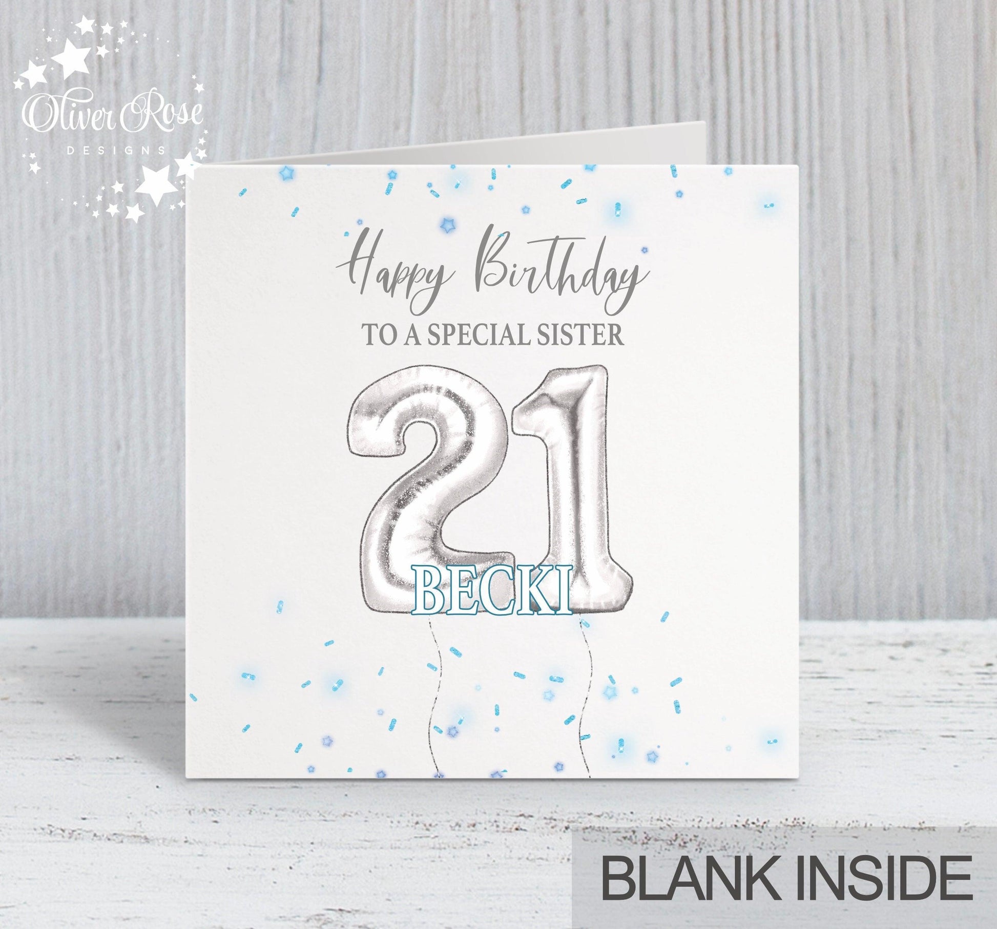 Blue & Silver Effect Birthday Card, Happy Birthday, Sister, 21st, Personalised