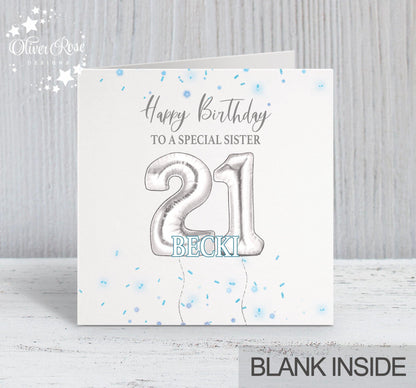 Blue & Silver Effect Birthday Card, Happy Birthday, Sister, 21st, Personalised