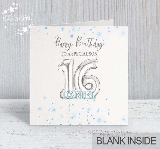 Blue & Silver Effect Birthday Card, Happy Birthday, Son, 16th, Personalised