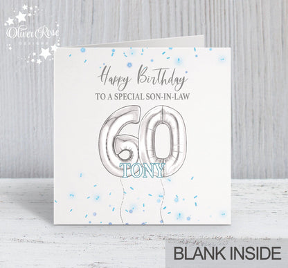 Blue & Silver Effect Birthday Card, Happy Birthday, Son-in-Law, 60th, Personalised